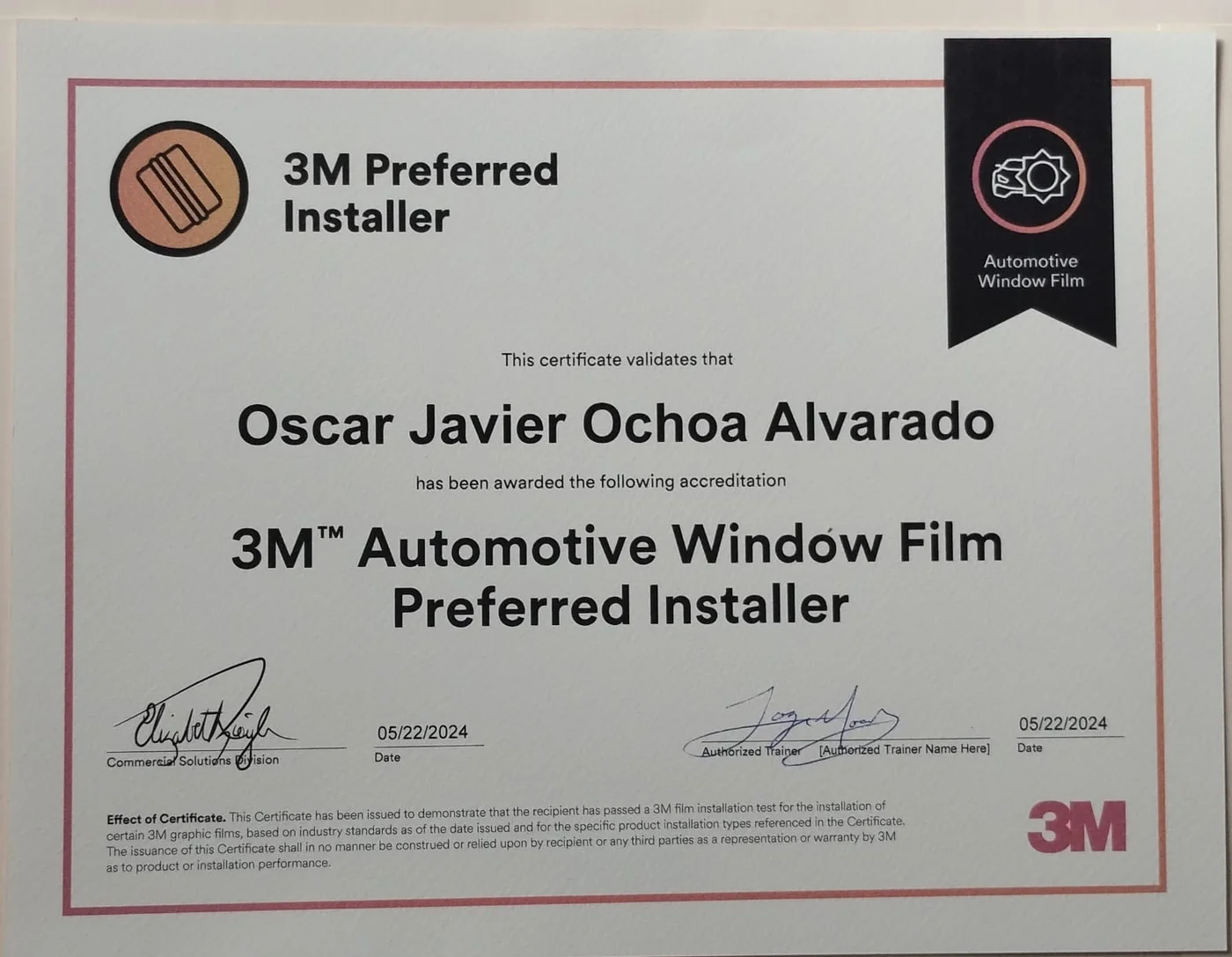 Certificado oficial 3M Automotive Window Film Preferred Installer, firmado por 3M, del equipo de CD Cars & Design